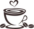 Fragrant coffee cup, coffee mug silhouette, coffee love, coffee beans Royalty Free Stock Photo